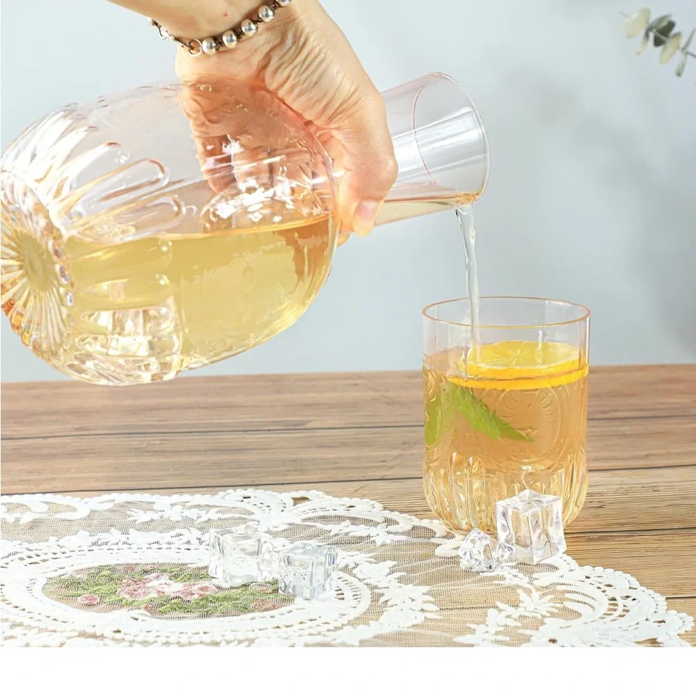 Embossed Bedside Water Carafe Glass Set  Pink